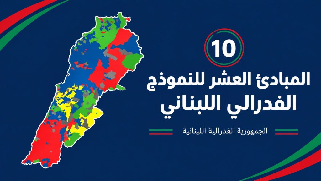 المبادئ العشر للنموذج الفدرالي اللبناني، مع خريطة لبنان بحسب الكانتونات