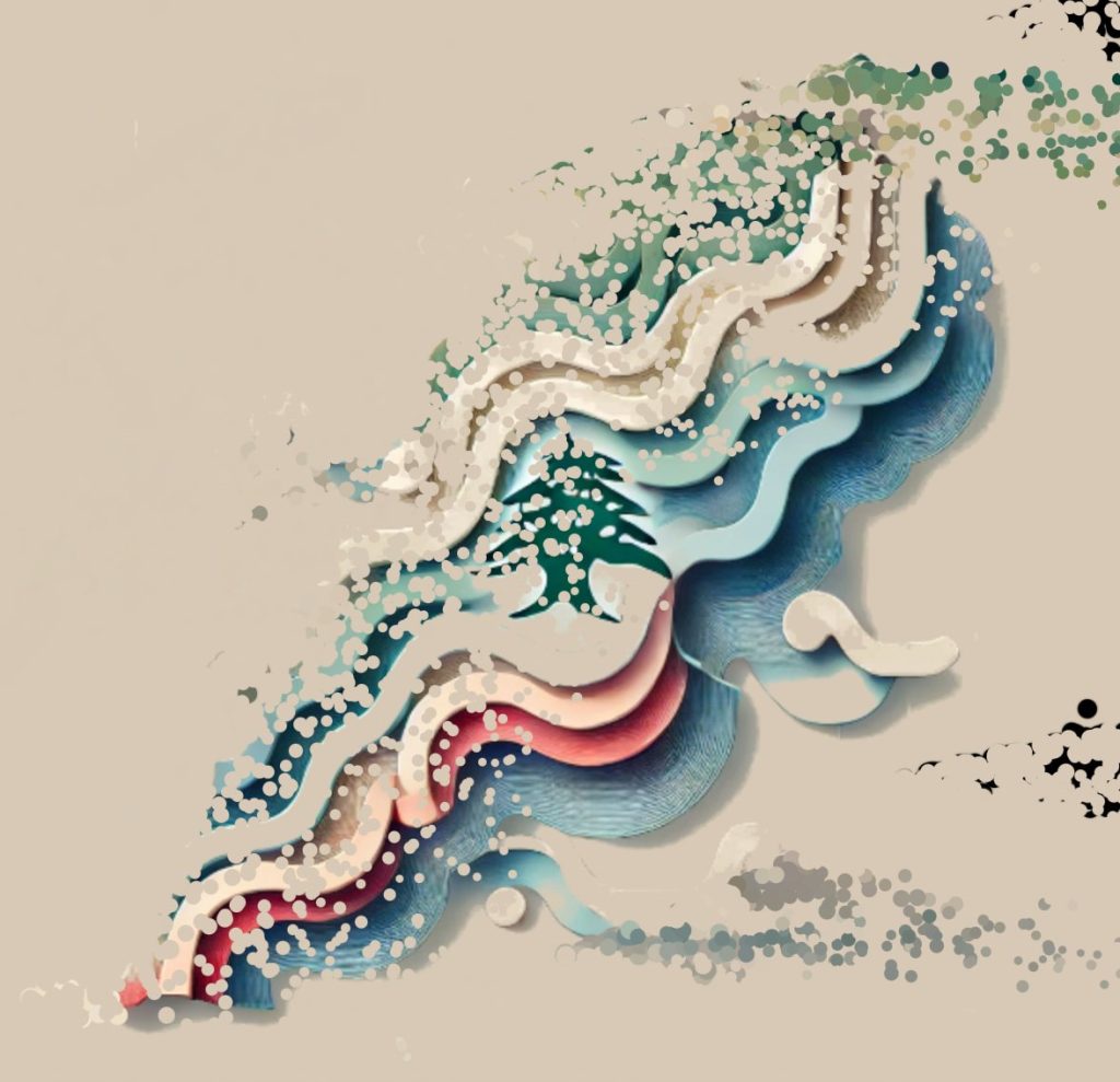 Stylised map of Lebanon in layered waves of colour, with a cedar at its centre