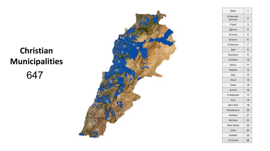 Carte du Liban montrant les municipalités chrétiennes