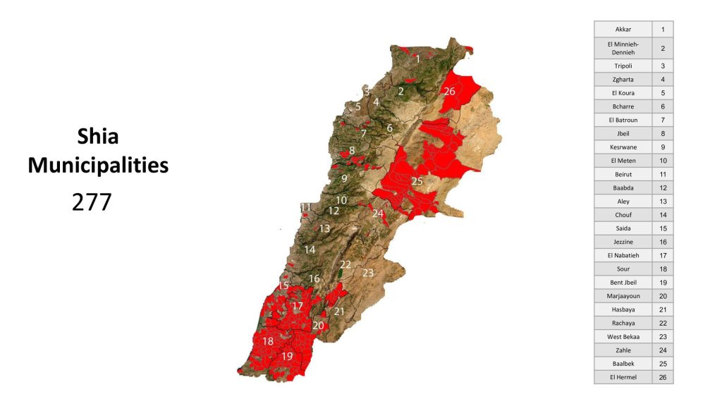 Carte du Liban montrant les municipalités chiites