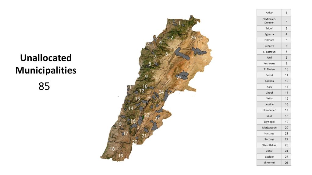 Carte du Liban montrant les municipalités non attribuées