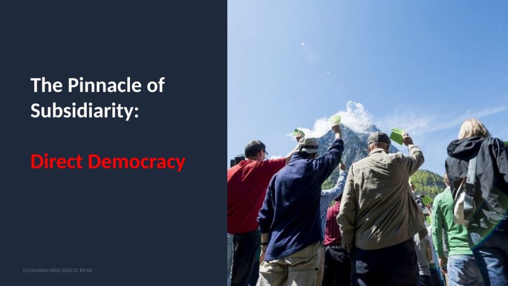Slide: The Pinnacle of Subsidiarity: Direct Democracy, citizens raising voting cards at an open-air assembly
